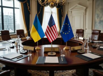 Прапори України США та Євросоюзу