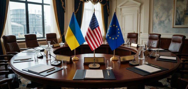 Прапори України США та Євросоюзу