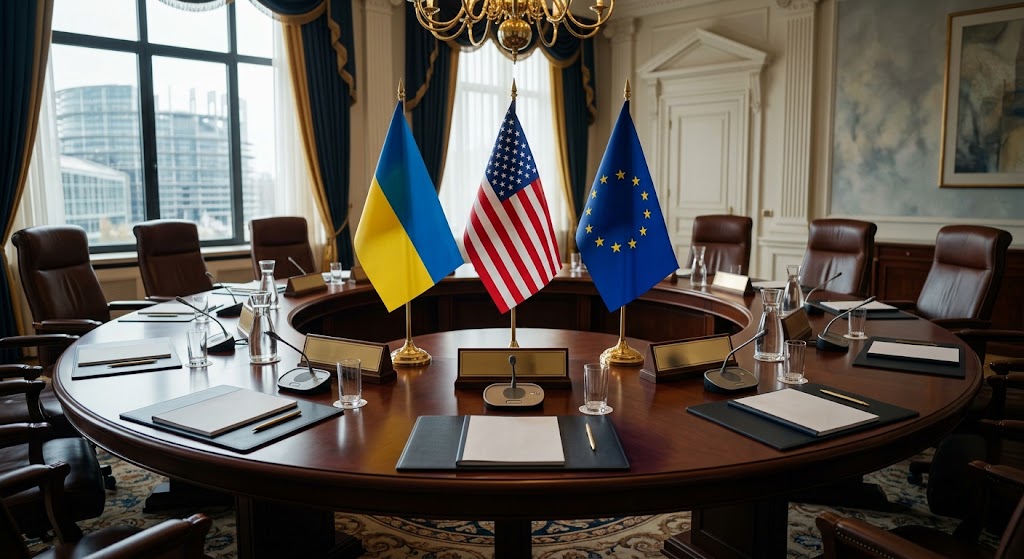 Прапори України США та Євросоюзу