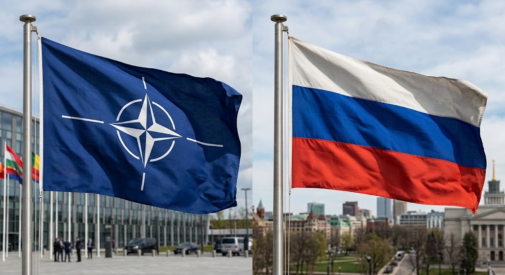 Прапори НАТО та Росії